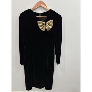 Halston III Black Velvet Dress Gold Bow Detail Size 6 Cocktail Formal Vintage